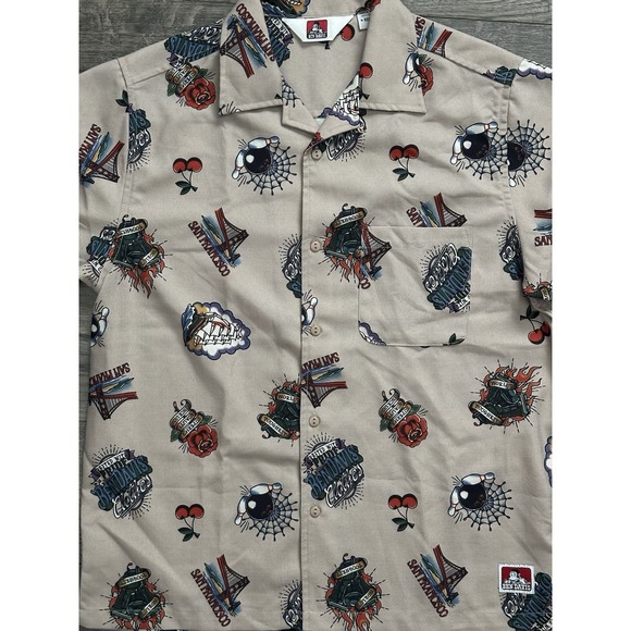 Rare Ben Davies Tattoo Print Inked Button San Francisco Beige Shirt Sz S Unisex - Picture 11 of 12